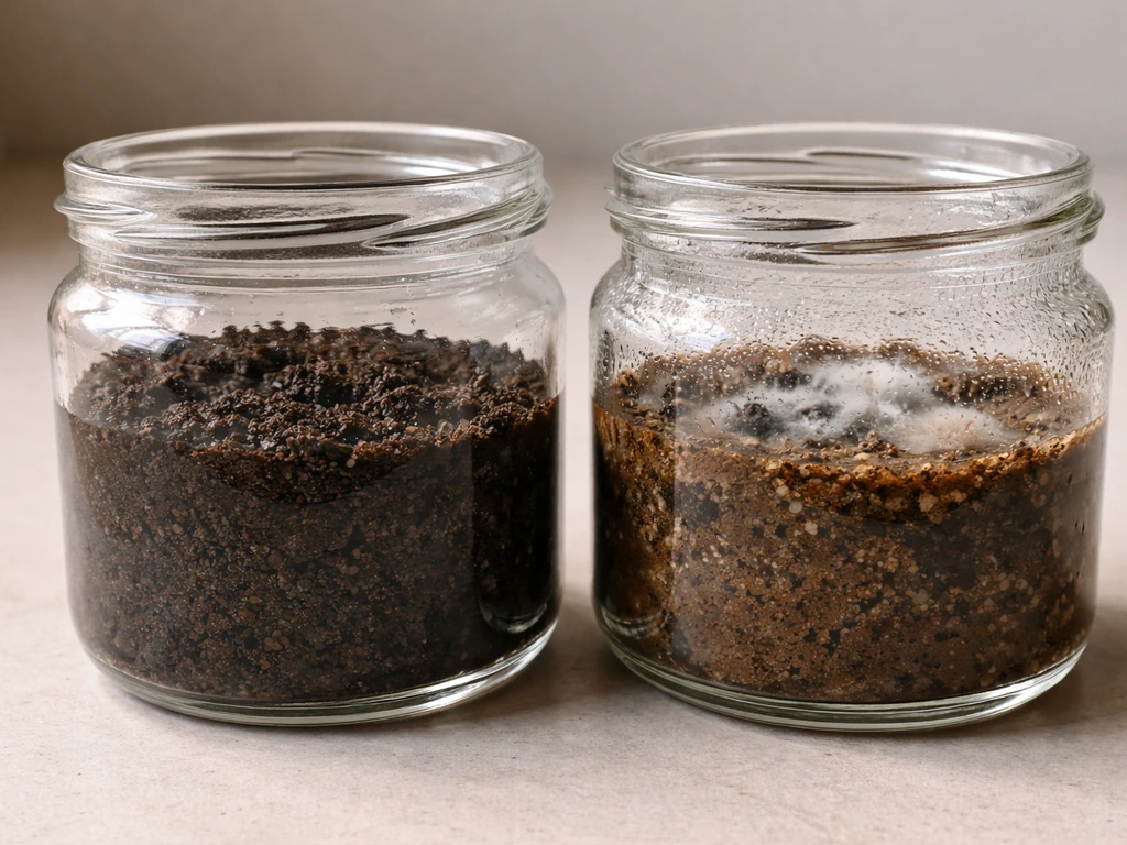 Side-by-side jars of soil: apple-juice soil shows visible mold bloom, plain-water soil stays clean.