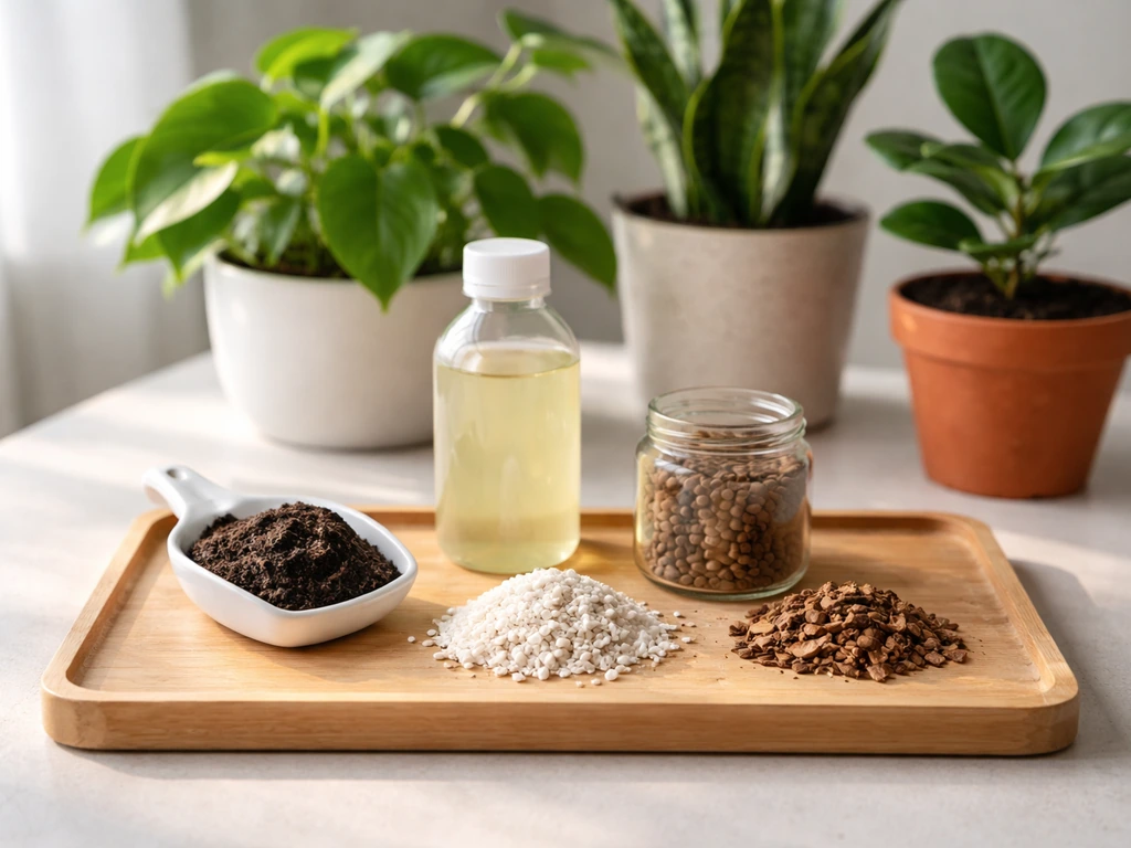 Minimal flat lay of plant-care inputs—compost, diluted fertilizer, perlite, mulch—beside thriving houseplants