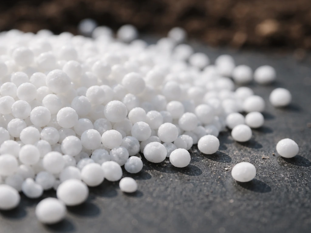 Close-up of white urea fertilizer granules on a dark surface with slight soil hints in the background