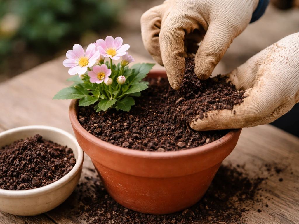 Close-up of a flowering plant as composted coffee grounds are gently mixed into the soil.