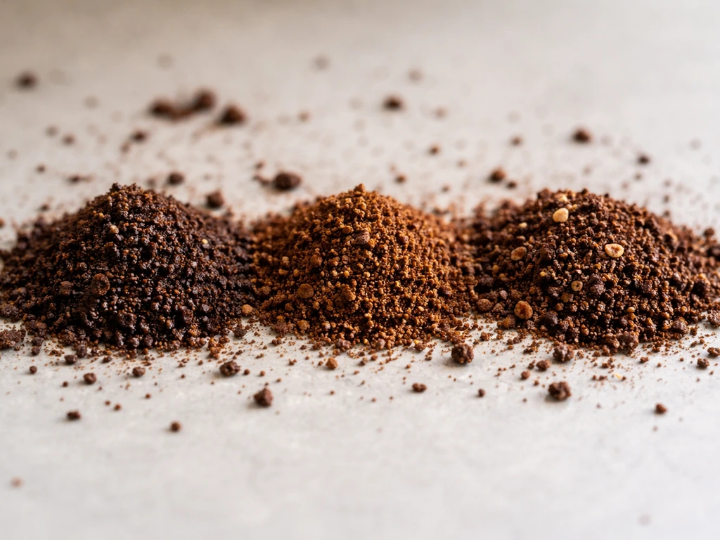 Macro view of spent coffee grounds with a few tiny piles suggesting nitrogen, carbon, and minerals