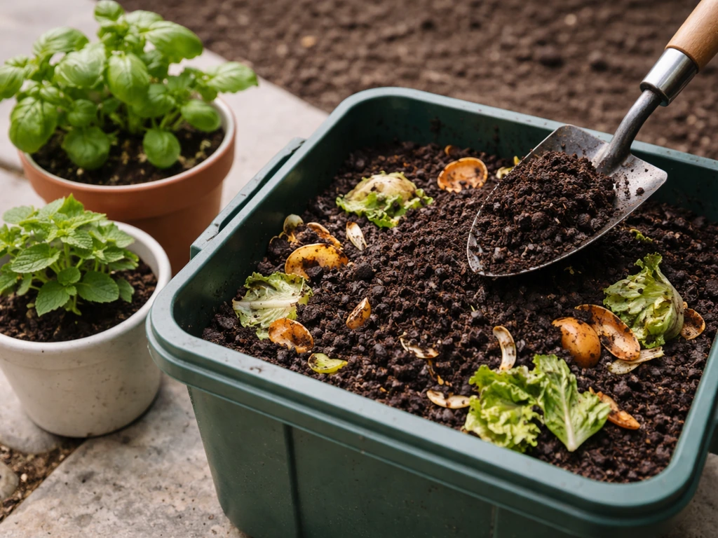 Coffee grounds compost bin beside flower pots, showing compost-first method for safer plant use.