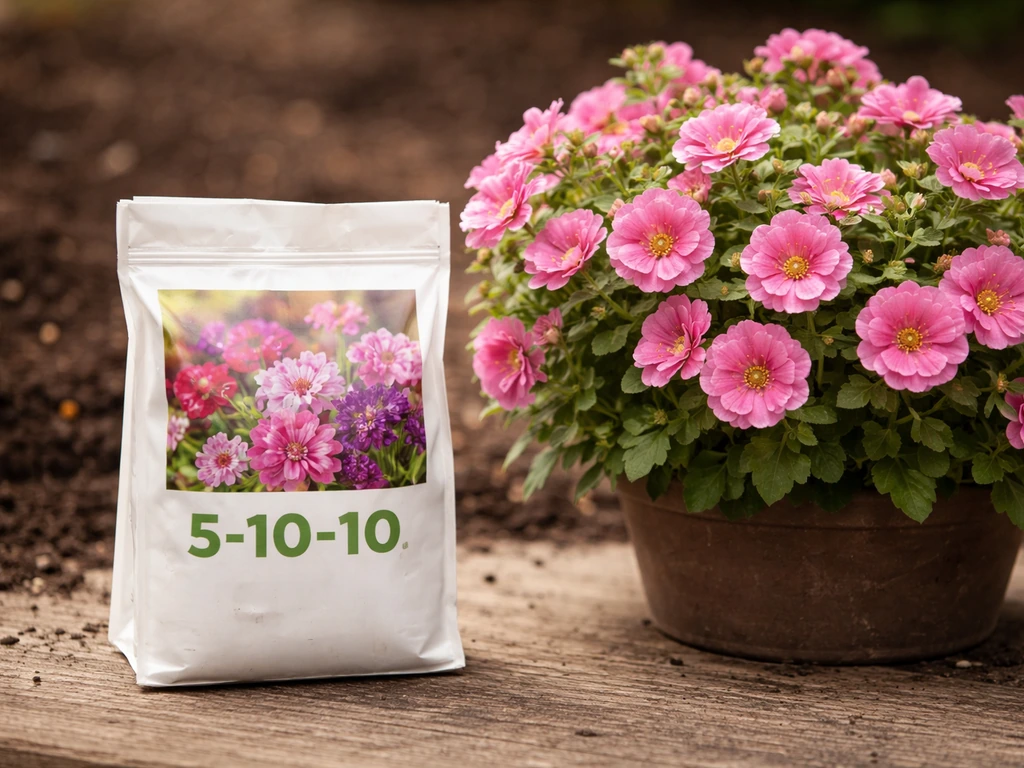 Bottled bloom fertilizer beside a thriving flowering plant with fuller blossoms in soft natural light.