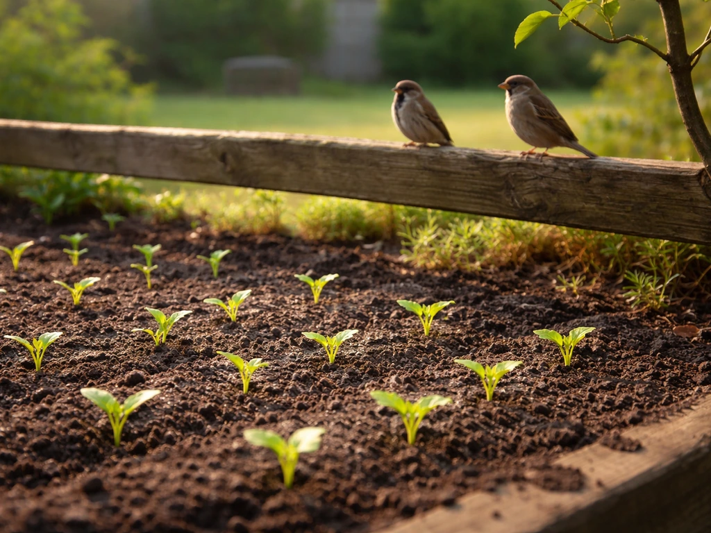 New garden seedlings with birds perched on a nearby fence, suggesting birds support plant growth.