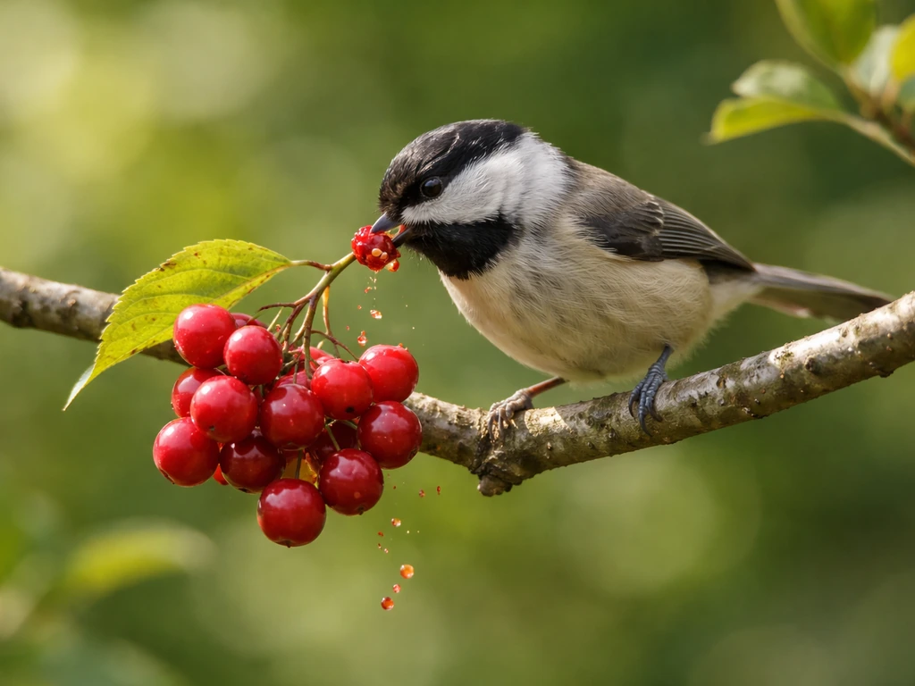 Close-up of a small bird perched and pecking ripe berries, seeds visible for seed dispersal concept.