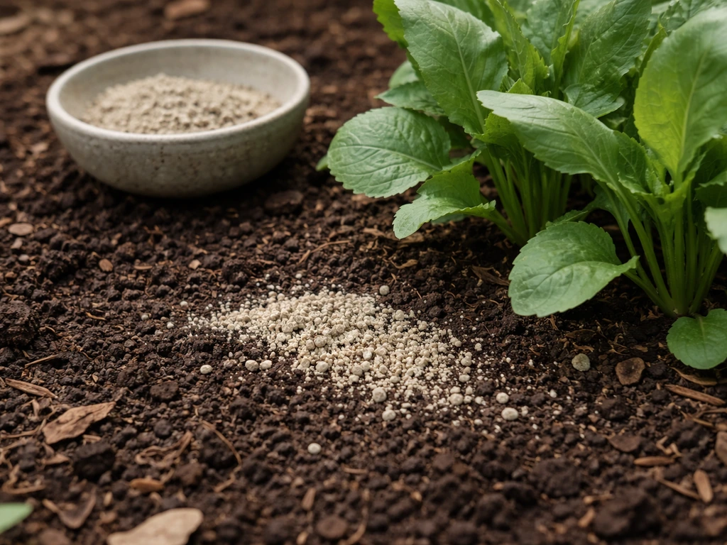 Close-up garden soil with a small bowl of aged bird guano and a light spread near green plants.