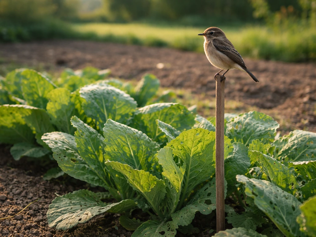 Small brown bird perched by leafy greens with visible insects on the leaves in a simple farm bed.