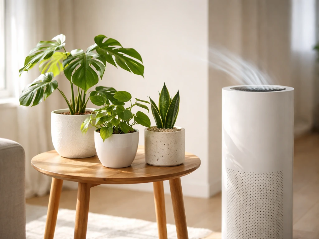 Potted plants near a running air purifier in a bright room, suggesting cleaner air around leaves.