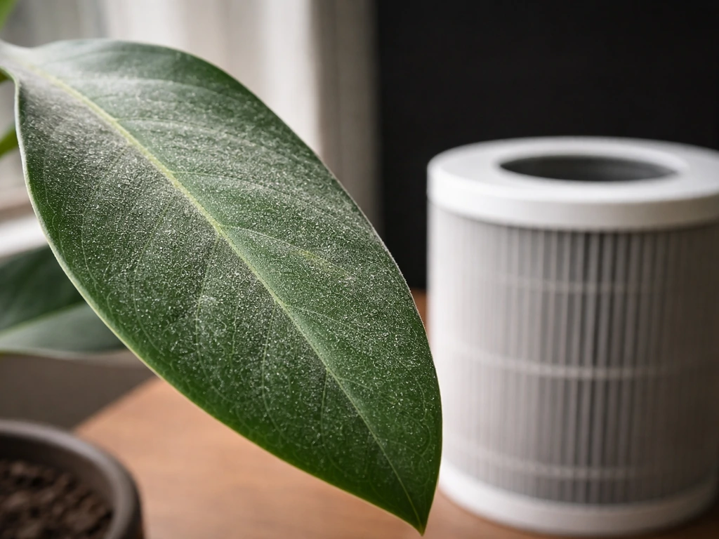 Close-up plant leaf with fine dust, alongside a partially visible pleated HEPA filter canister capturing particles