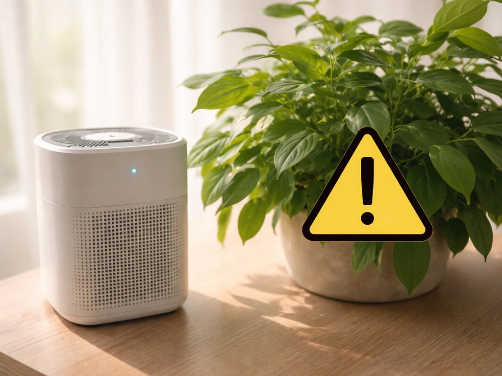 Close-up of a compact UV-C/ion air cleaner unit near potted plants with a warning-style caution sign