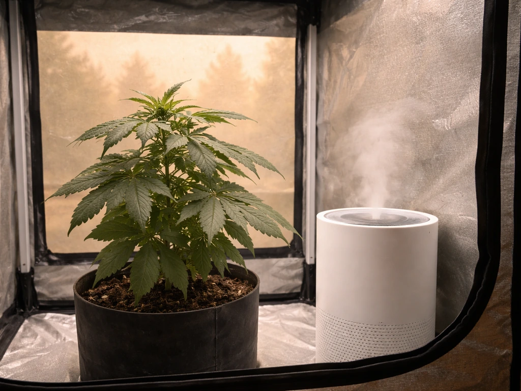 Indoor grow tent with one plant and a running air purifier under hazy wildfire smoke conditions.