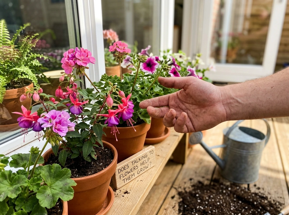 Sunlit flowers close-up with a hand near the blooms, setting up the question about talking to plants.