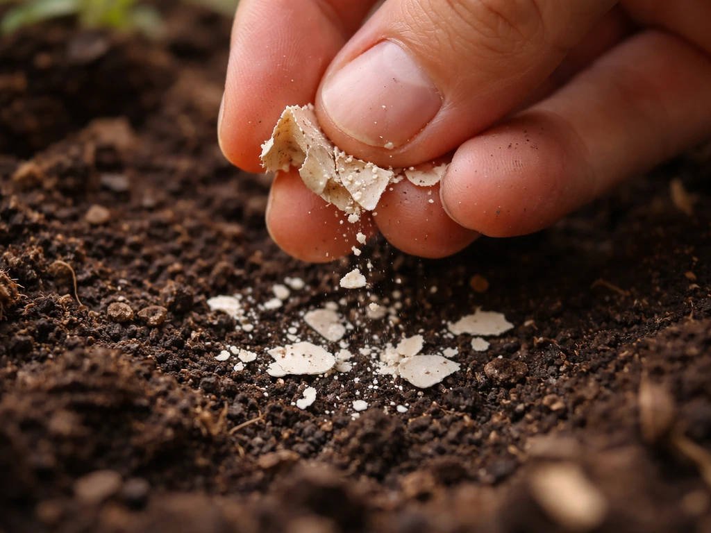 A crushed eggshell fragment is sprinkled into dark garden soil/compost with soil texture visible.