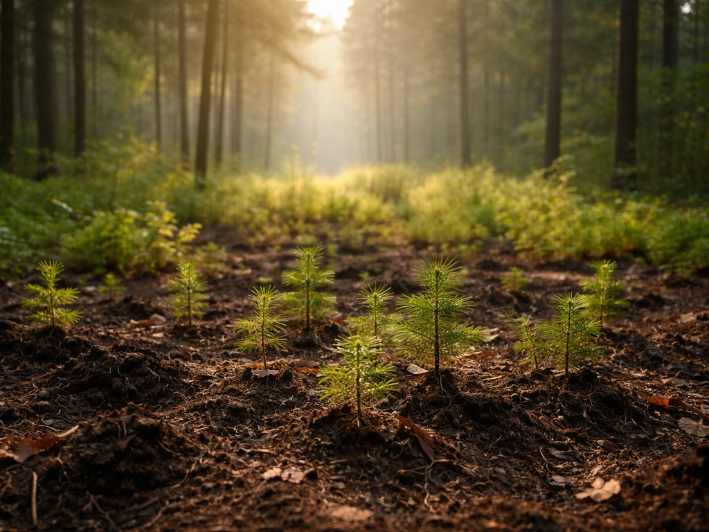 Sunlit young saplings growing in dark soil, with an older forest edge fading into the background.