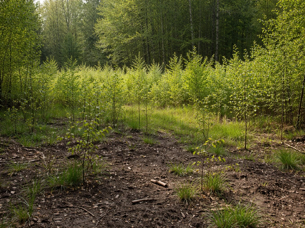 Forest regrowth stages after disturbance, showing early seedlings growing toward a denser canopy