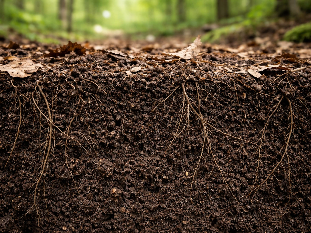 Close-up cutaway of healthy forest soil with organic matter, fine roots, and layered moist texture.