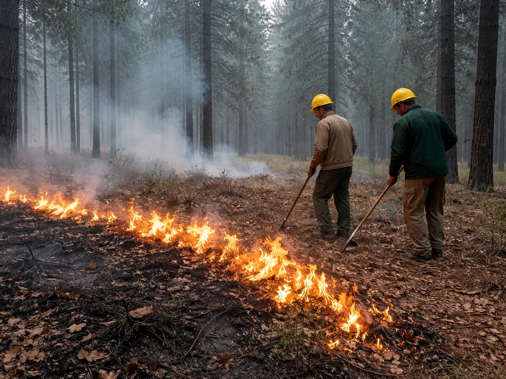 Firefighter-like crew tending a controlled forest burn with smoke and scorched underbrush in the foreground.