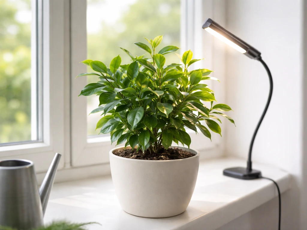 Healthy indoor leafy plant on a bright windowsill with a small grow light nearby and visible healthy leaves.