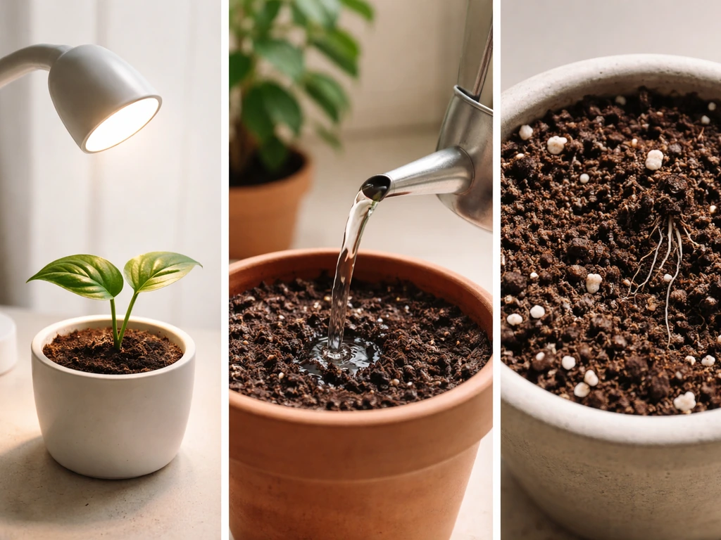 Close-up of three indoor plant care essentials: lamp light, watering can, and soil in separate sections.