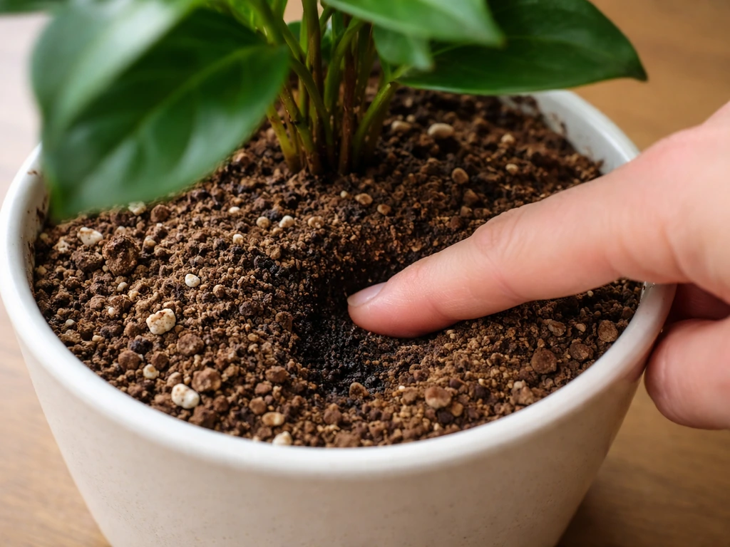 Hand testing soil moisture in a potted plant using a finger, showing dry vs moist soil in the pot