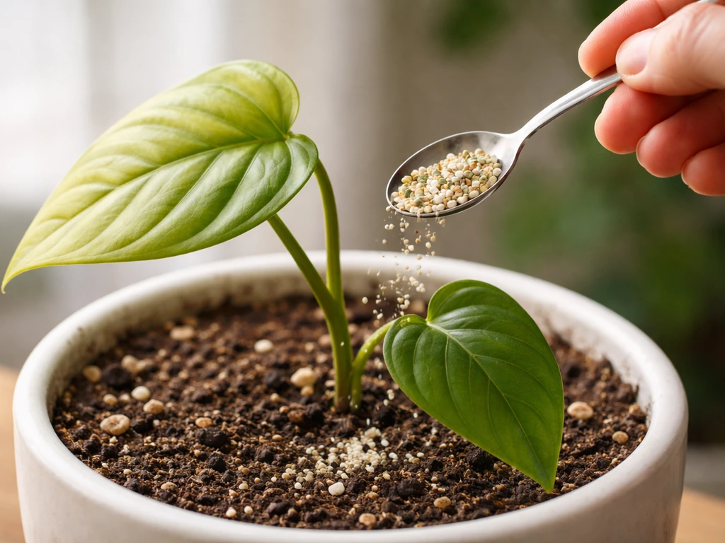 Close-up of pale yellow leaf beside deep green leaf on a potting mix surface with a small spoon of fertilizer.