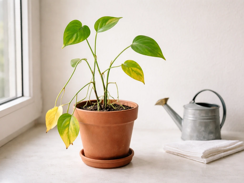 Close-up of a potted houseplant showing leggy growth and yellowing leaves beside simple care items on a windowsill.
