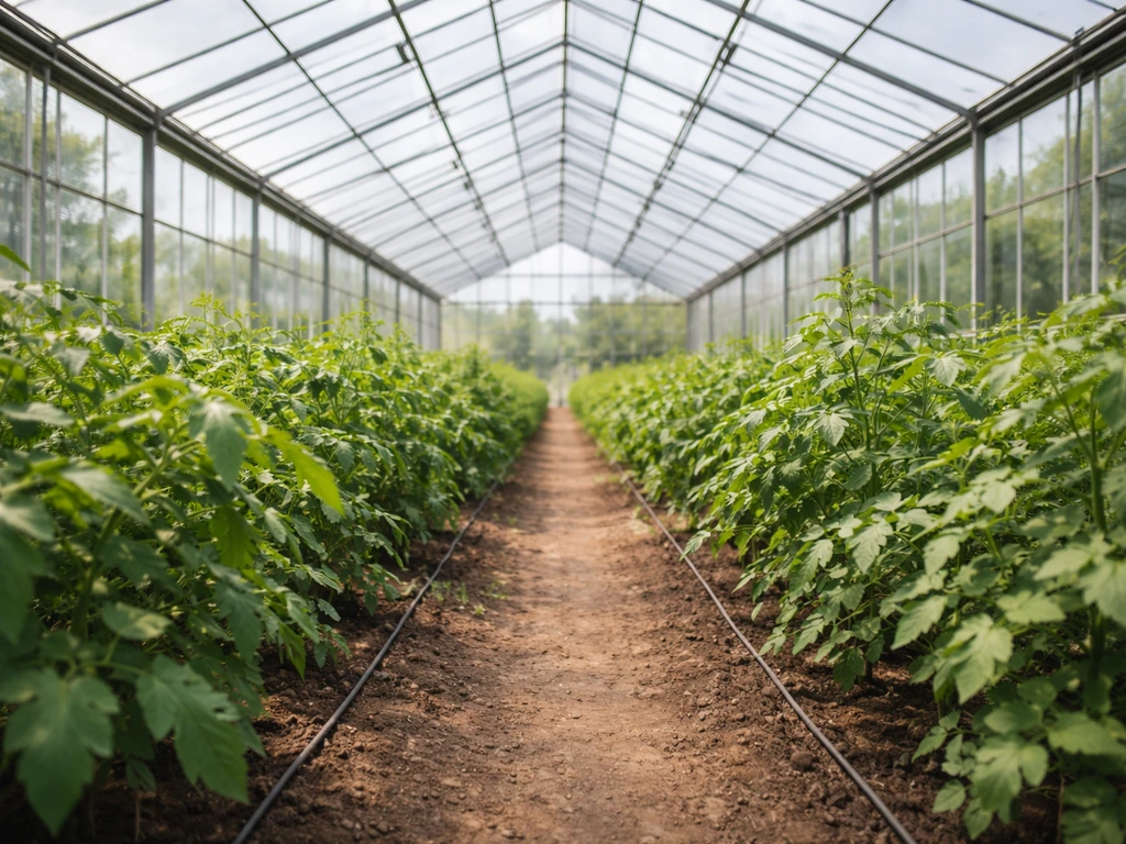 Wide greenhouse interior with lush green plants thriving under bright natural light.