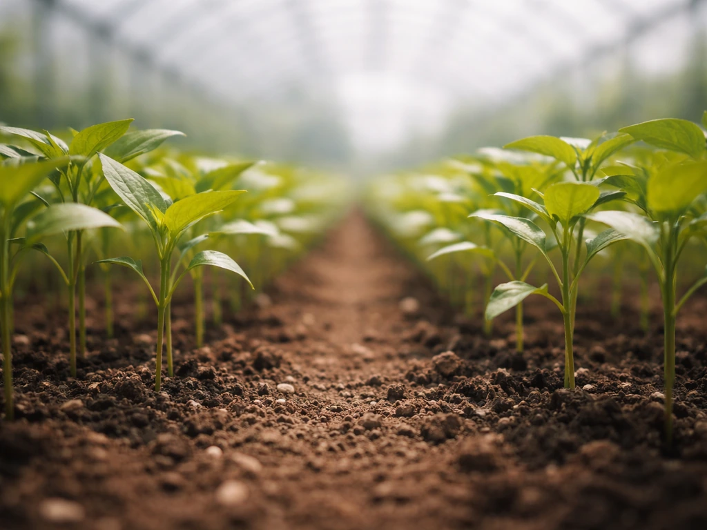 Close-up of a greenhouse bench with evenly spaced leafy plants under steady, bright light.