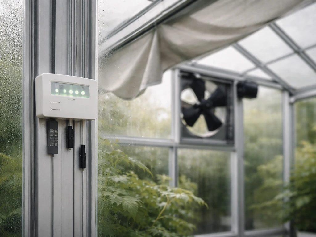 Greenhouse control area with thermometer and hygrometer near vent, showing temperature and humidity management.