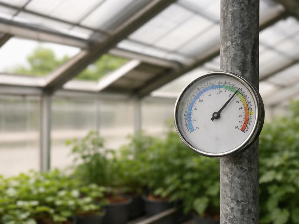Analog humidity gauge in a greenhouse foreground with roof vents partially open in the background.