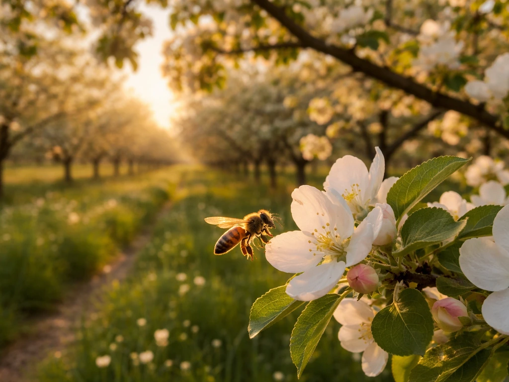 A honeybee landing on a flower in a golden-hour orchard with flowering crops overhead.