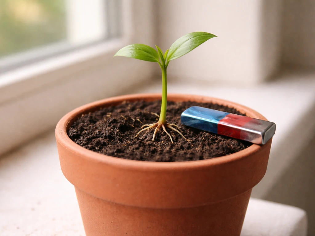 Small potted plant with emerging roots beside a visible magnet on the soil in natural window light