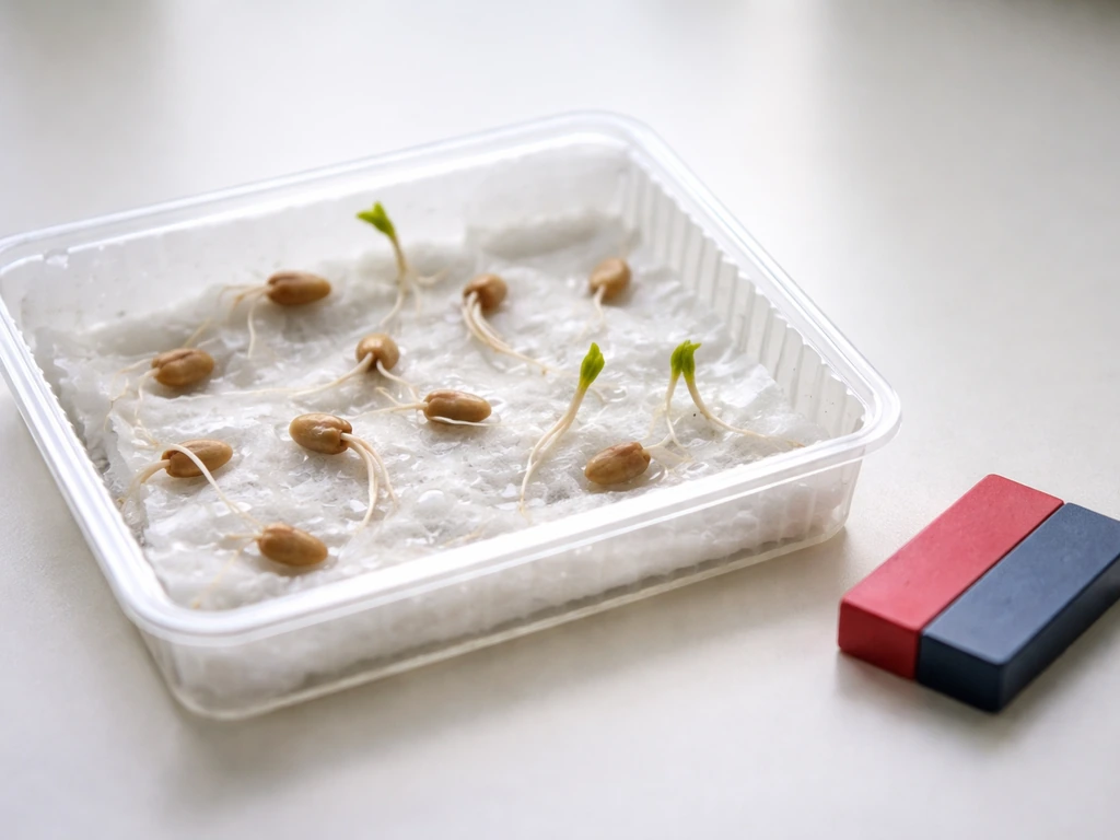 Close-up of germinating seeds in a tray beside a small magnet, with uneven sprout lengths.