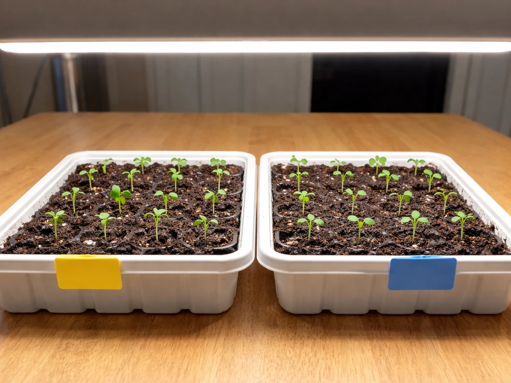 Two seed trays side-by-side under a grow light, showing a simple control vs treated setup for sprouting seeds.