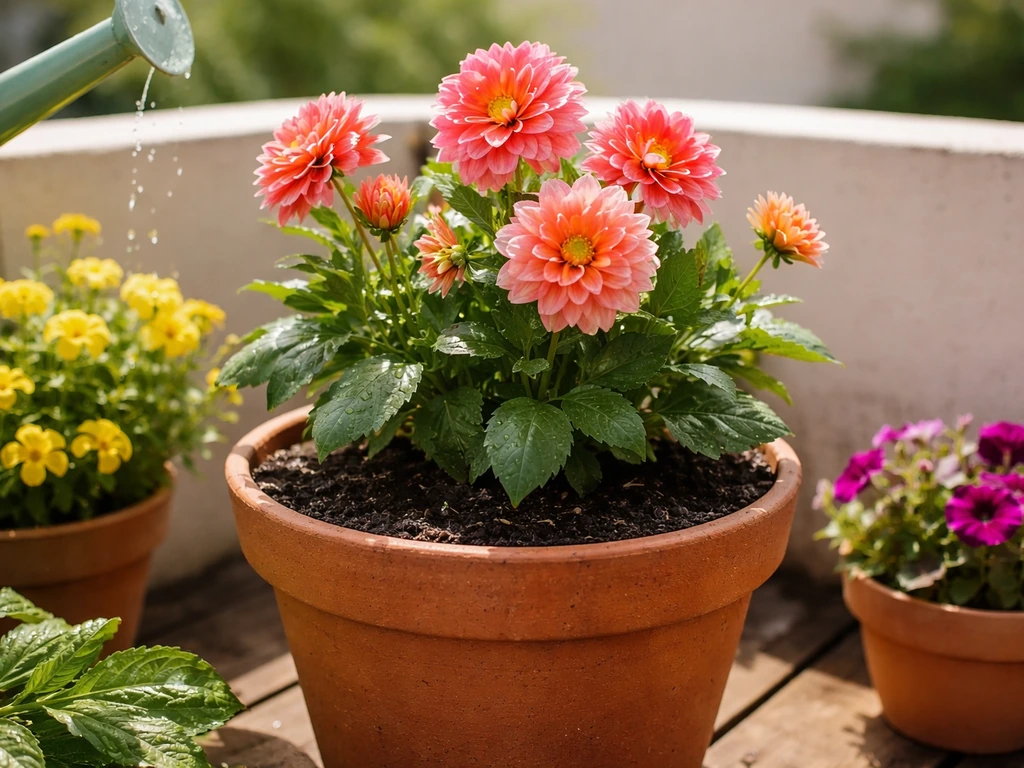 Healthy potted flowers in strong sunlight with visible topsoil and drainage detail on a balcony