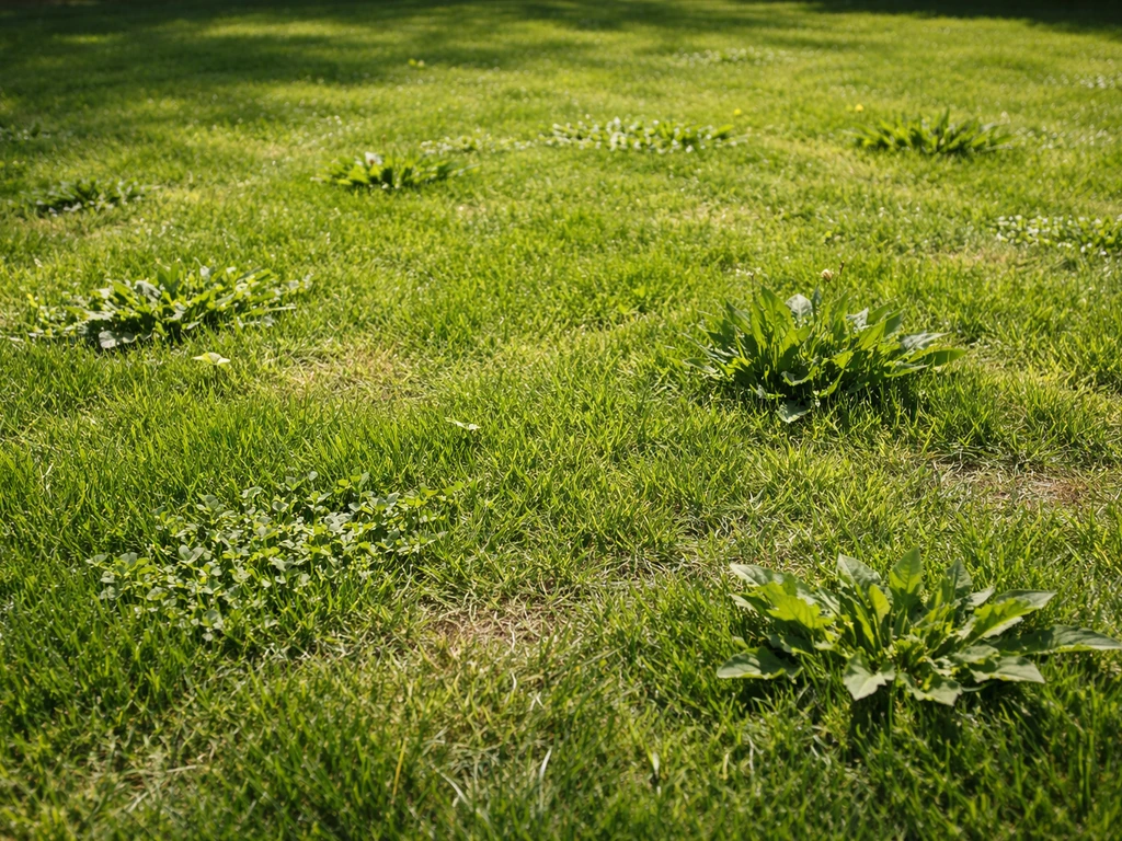 Sunlit residential lawn with healthy grass and visible weed patches, suggesting fertilizer’s mixed impact