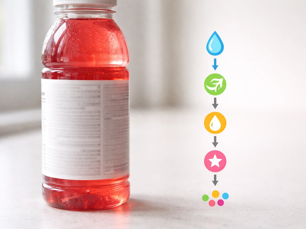 Macro close-up of a Vitamin Water bottle label beside a simple plant nutrient ingredient layout on a clean surface.