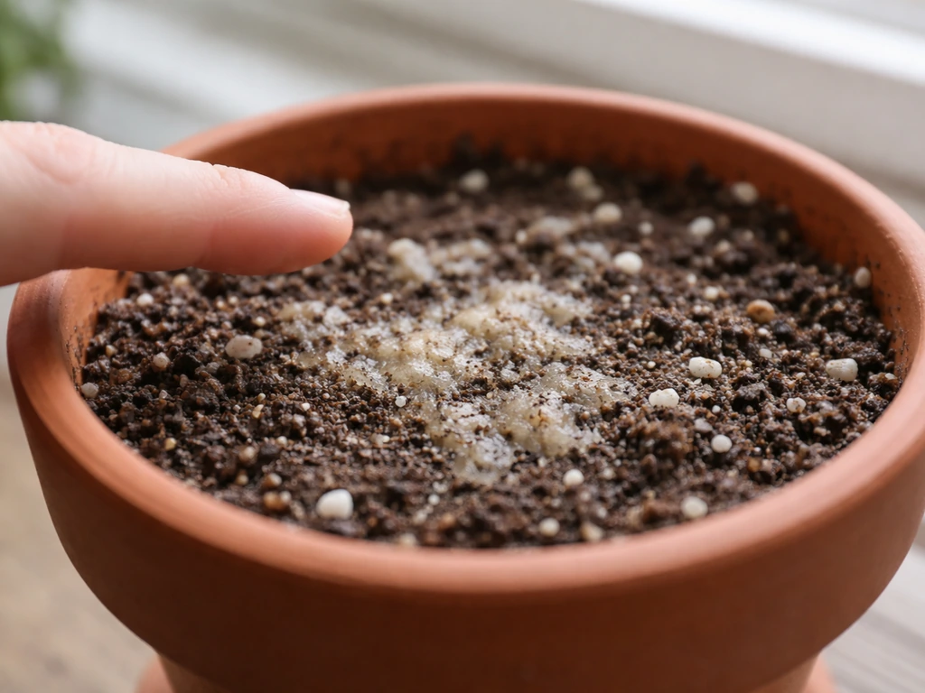 Close-up of a potted plant’s soil with a visible white salt crust on top, gently indicated by a finger