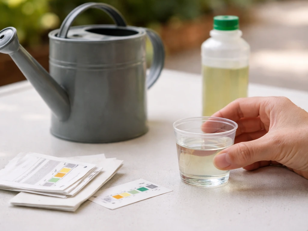 Measuring cup pouring liquid fertilizer into a watering can with a pH strip and soil test papers nearby.