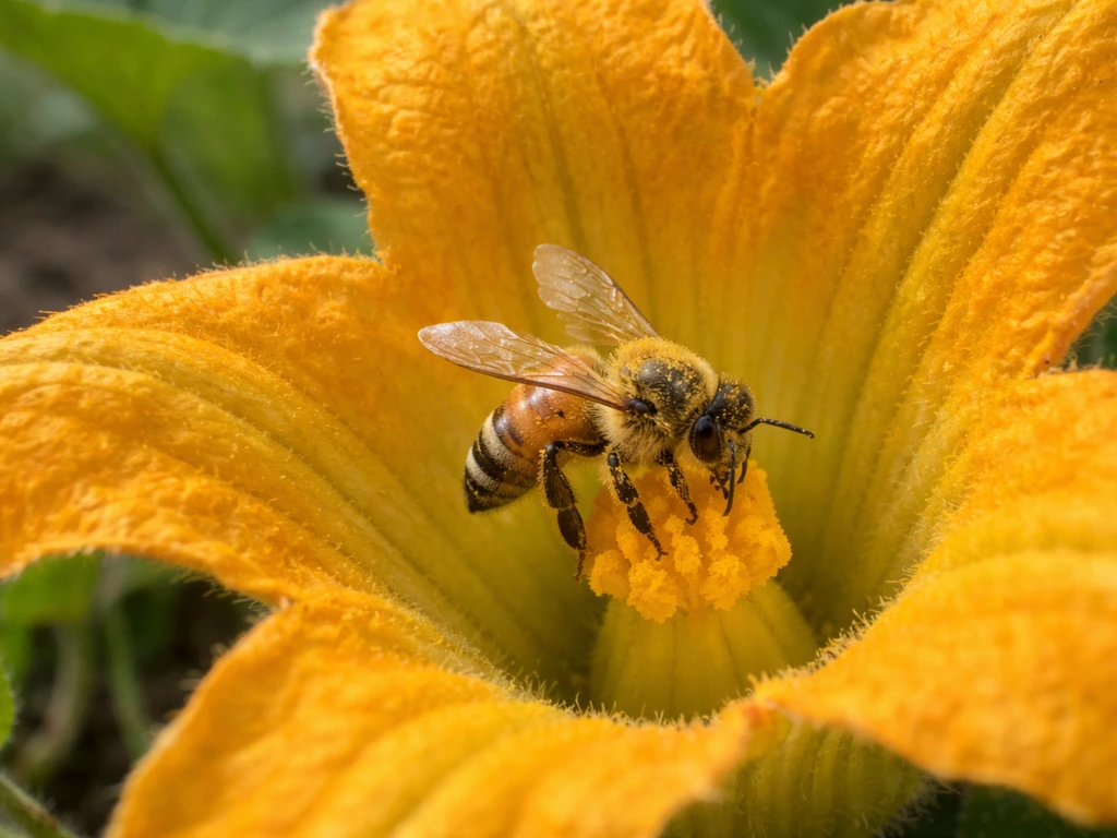 A bee pollinating a squash flower in a vegetable garden, with pollen visible on the flower and bee.