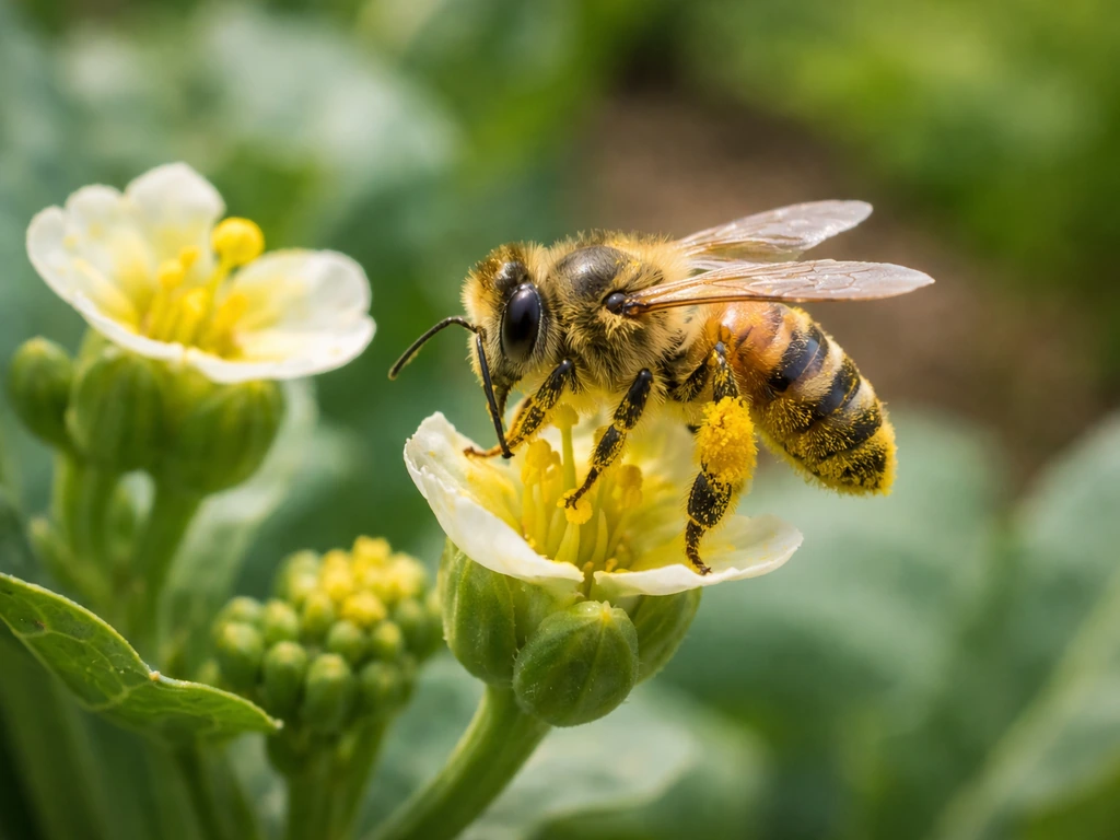 A close-up of a bee moving between male and female vegetable blossoms, with visible pollen on its body.