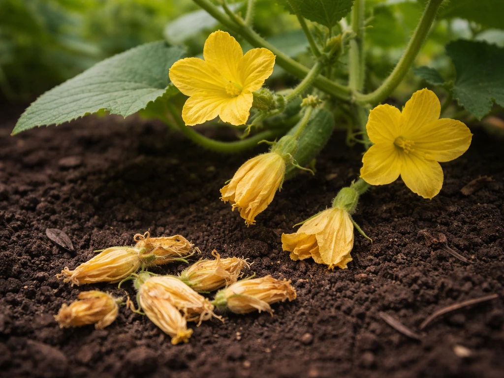 Cucumber vine with open blossoms and nearby fallen empty flowers, showing little fruit set.