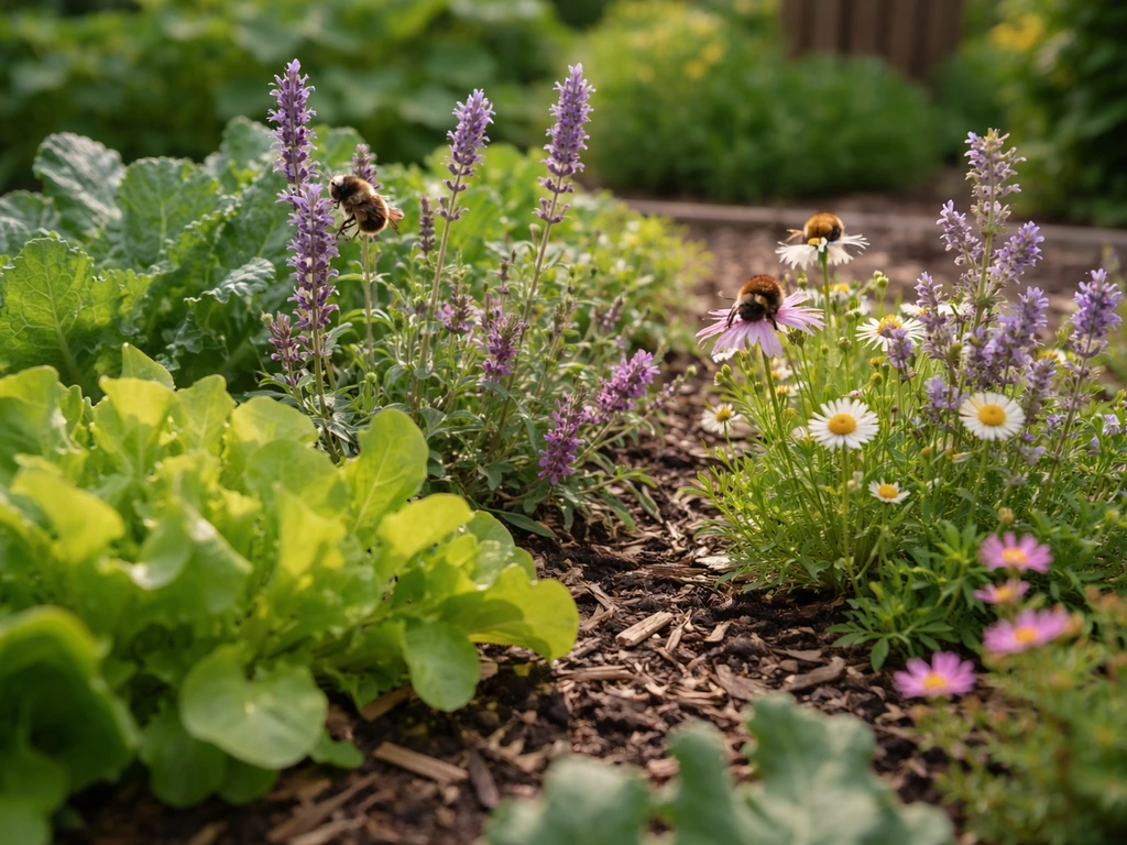 Bee-friendly flowering plants mixed among vegetable beds with bumblebees feeding on blossoms in morning light.