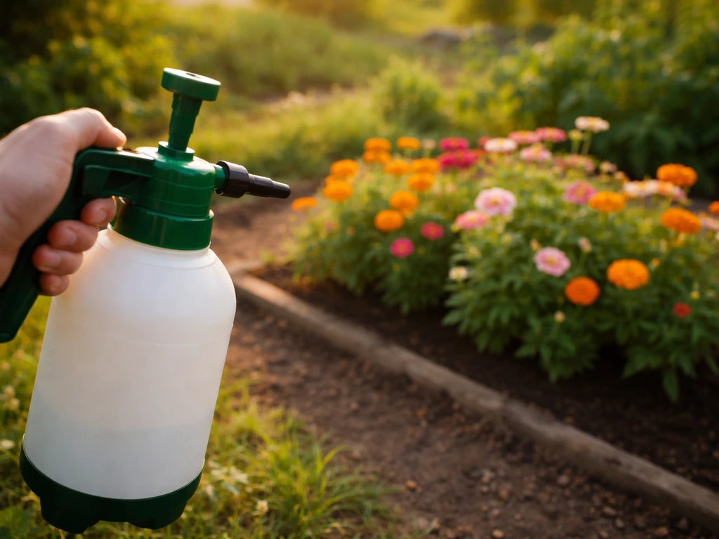 A garden sprayer held back from flowering beds, showing bee-safe pesticide application distance
