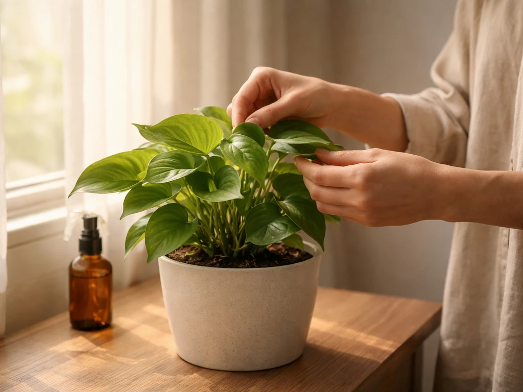 Person gently caring for a healthy potted plant by a sunlit window, softly interacting with the leaves.
