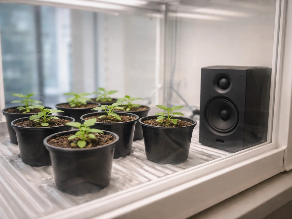 Arabidopsis seedlings in a lab growth chamber while a speaker emits subtle low-frequency vibration.