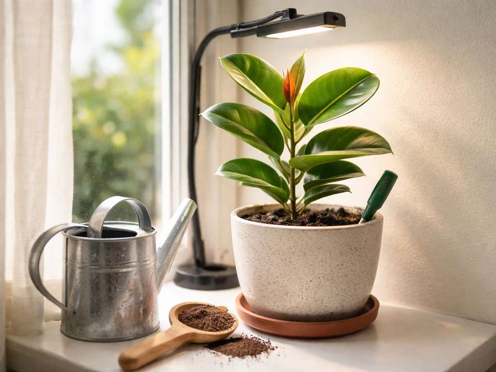 Close-up of a houseplant by a grow light with soil moisture and fertilizer items laid out nearby