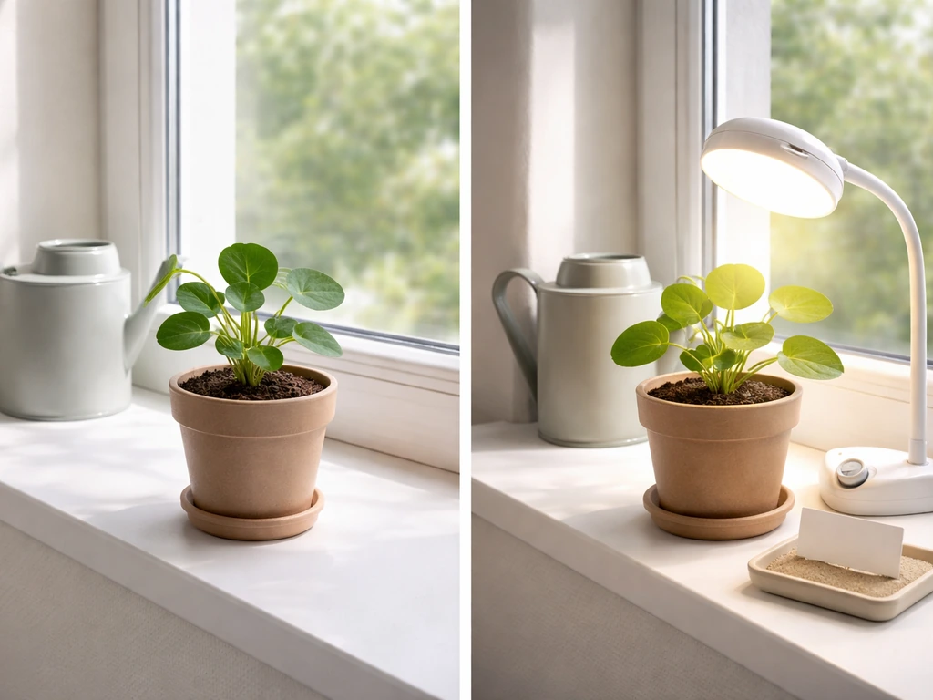 Houseplant moved nearer to strong light with a grow light and visible timer dial, plus a simple watering setup.