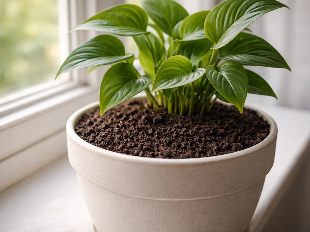 Close view of a healthy potted plant with a visible layer of composted tea grounds on the soil.