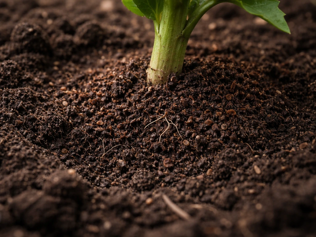 Close-up of soil and composted tea grounds mixed around a plant’s roots to show nutrient support.